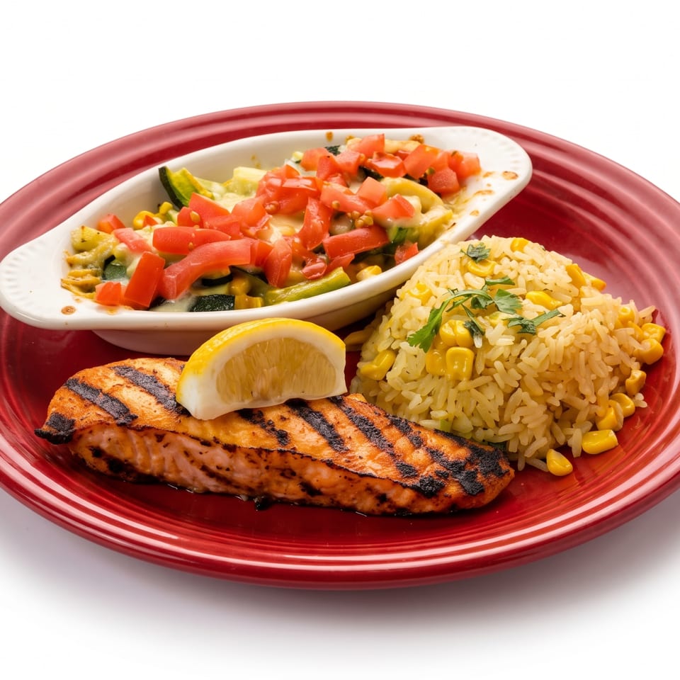Grilled salmon with lemon, corn rice, and a roasted vegetable medley topped with diced tomatoes on a red plate.