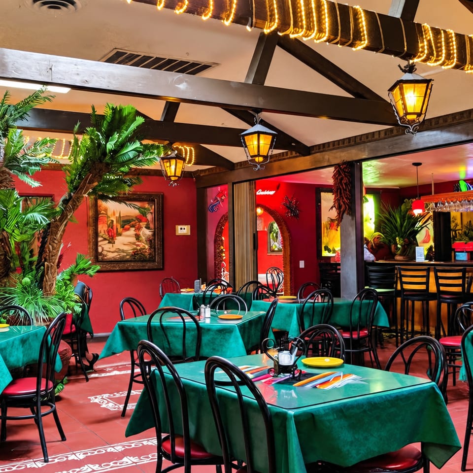 Colorful restaurant dining room with green tablecloths, red walls, tropical plants, lantern lighting, and a well-stocked bar.
