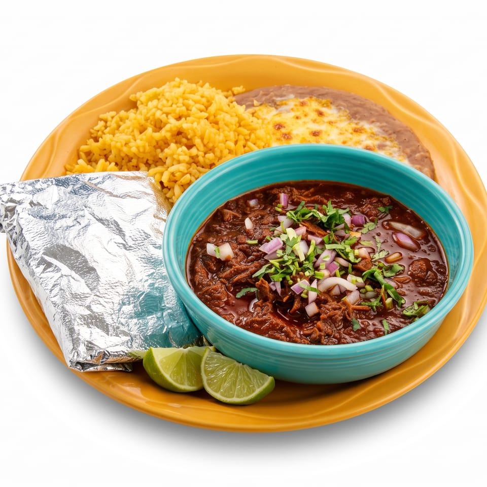 Mexican-inspired meal with beef stew topped with onions and cilantro, rice, beans, a foil-wrapped burrito, and lime wedges.