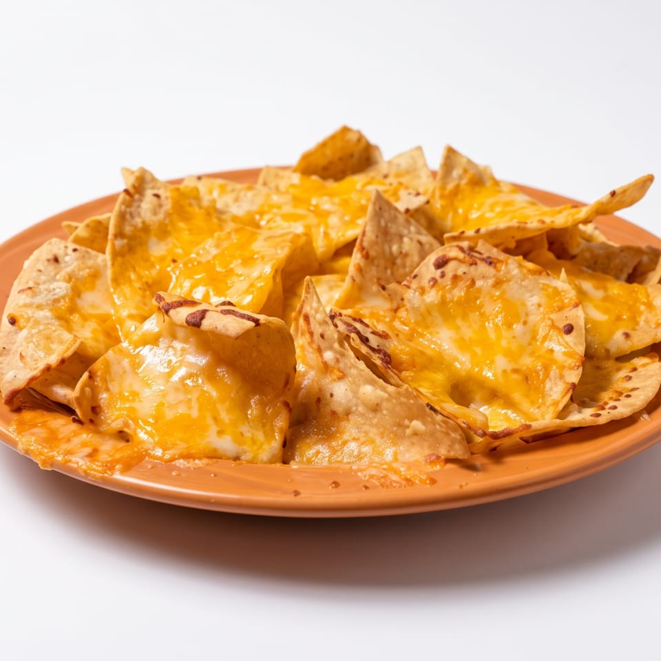 Crispy tortilla chips covered in melted cheese, served on an orange plate against a white background.