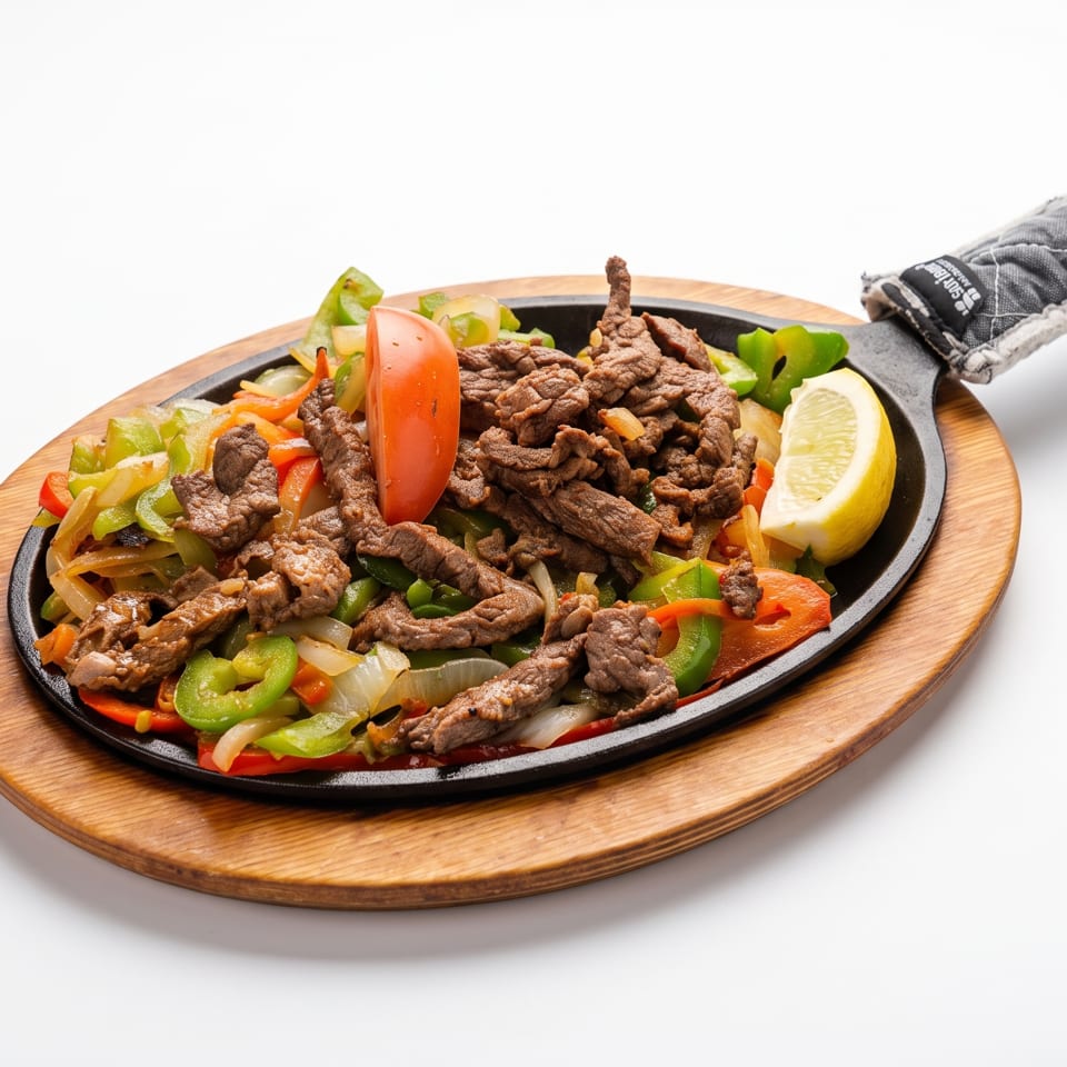 Sizzling beef strips with peppers, onions, tomato, and lemon served on a cast-iron platter with a wooden base.