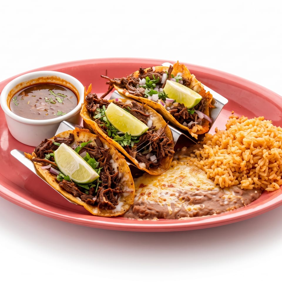 Mexican platter with shredded beef tacos, rice, refried beans, lime wedges, and a cup of consommé.