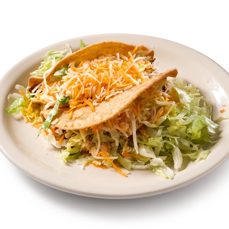 Two crispy tacos filled with seasoned meat, shredded cheese, lettuce, and vegetables on a white plate.