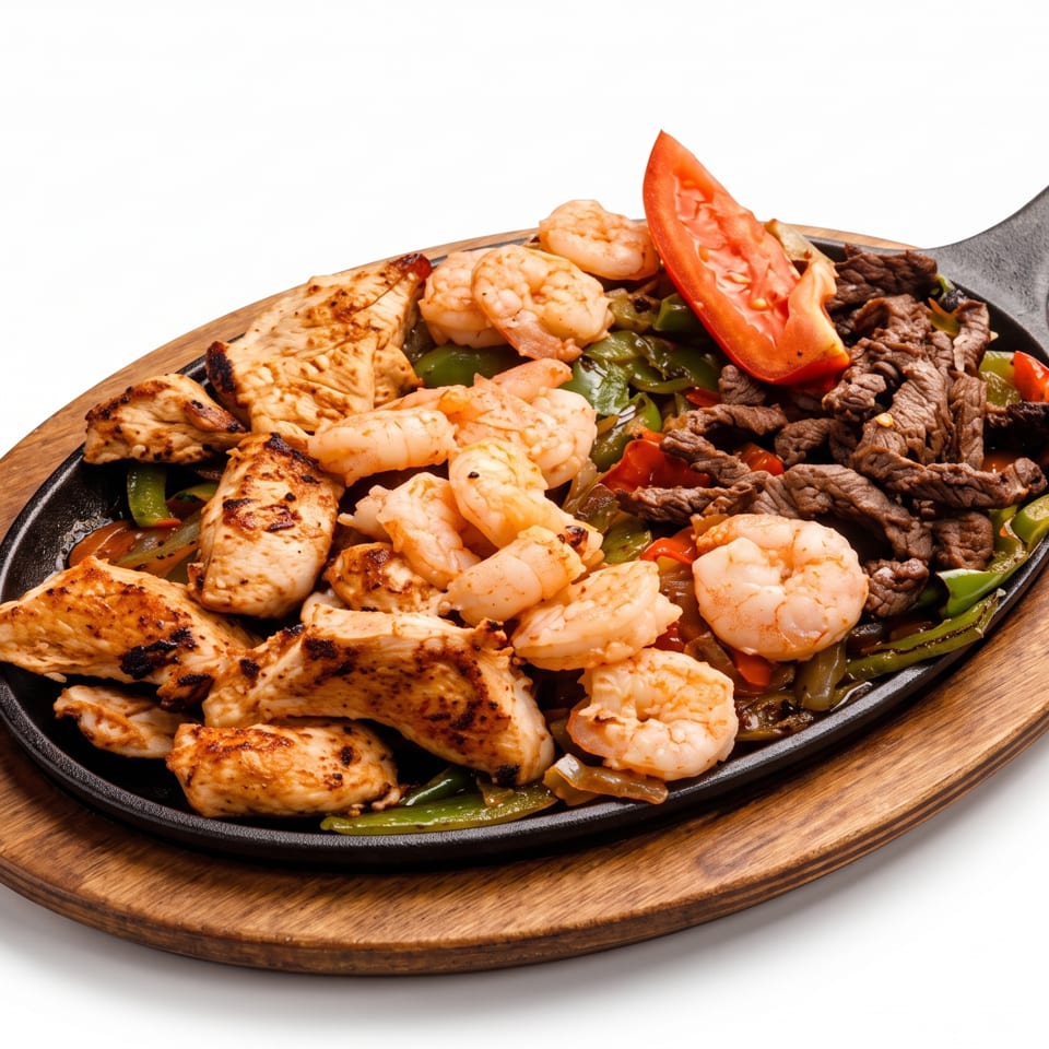 Sizzling skillet platter with grilled chicken, shrimp, beef, peppers, onions, and tomatoes on a wooden serving board.