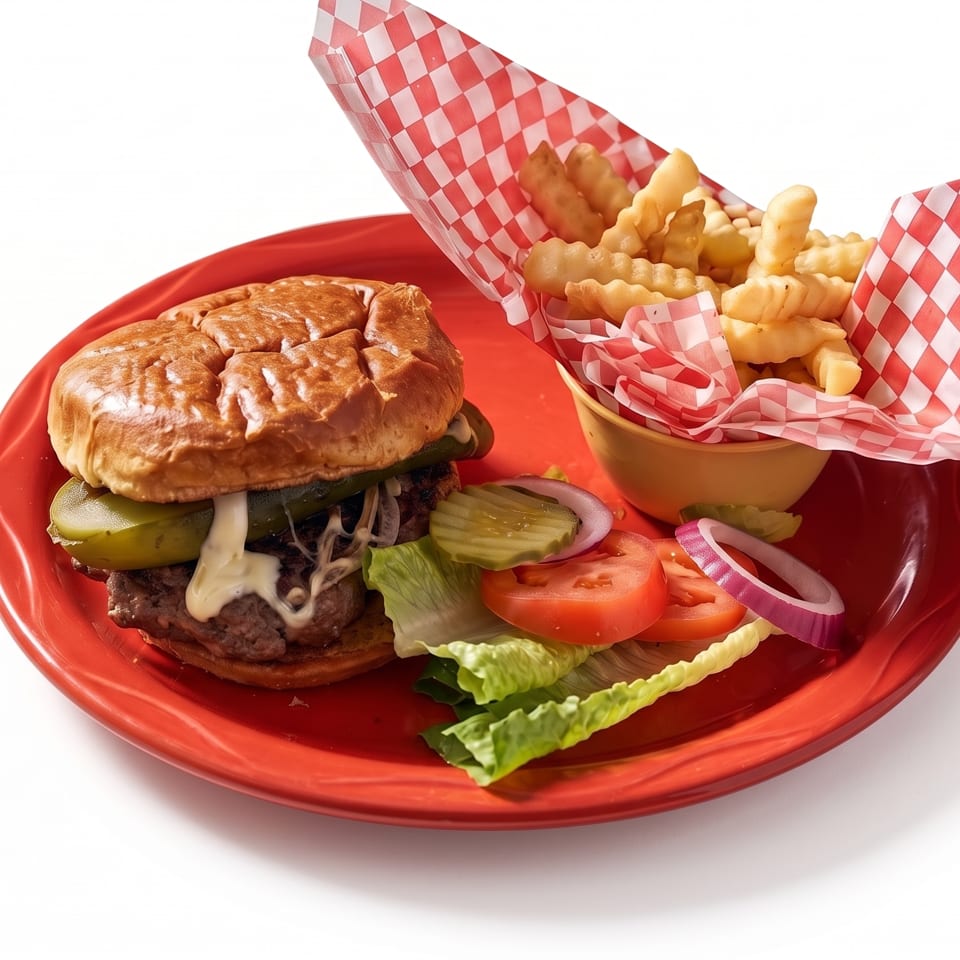 Cheeseburger with pickles, lettuce, tomato, onions, and fries on a red plate.