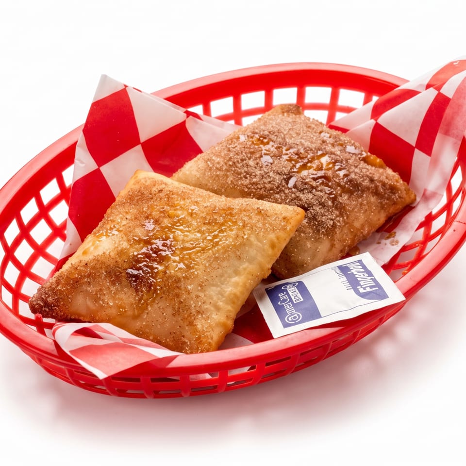Two golden fried pastries in a red basket lined with red-and-white checkered paper.