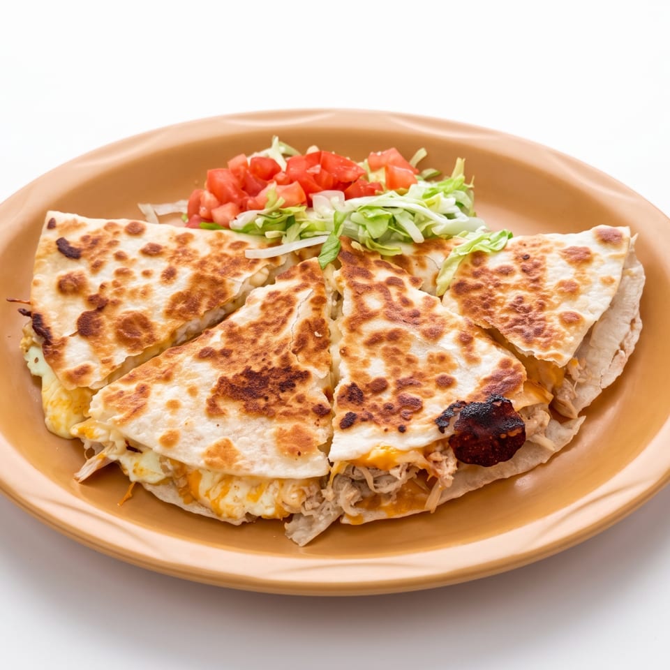 Grilled chicken quesadilla wedges with melted cheese, lettuce, and diced tomatoes on a tan plate.